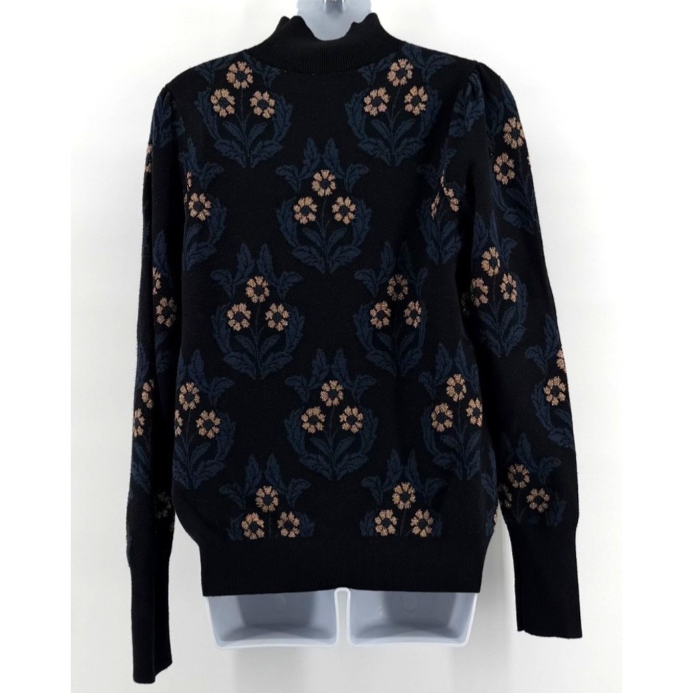 Ann Taylor Floral Mock Neck Sweater Women Small Black Blue Metallic Knit Top - Picture 2 of 8